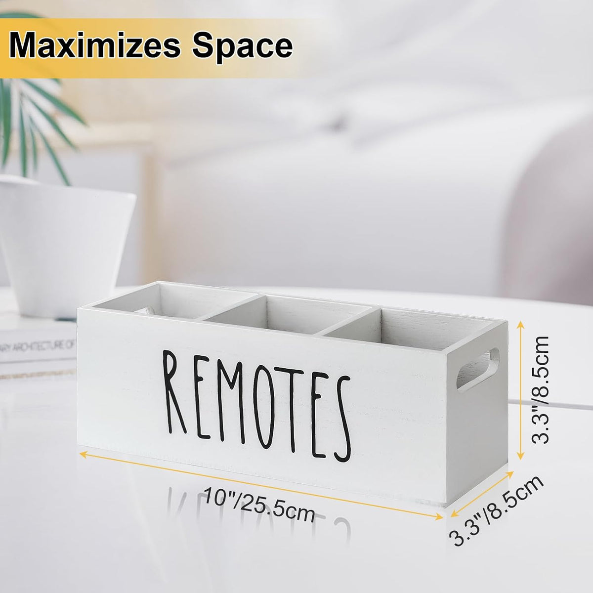 Remote Control Holder for Table, Wooden TV Remote Holder, Remote Storage Box Organizer, Remote Caddy for Bedside, Couch- White (3 Compartments)
