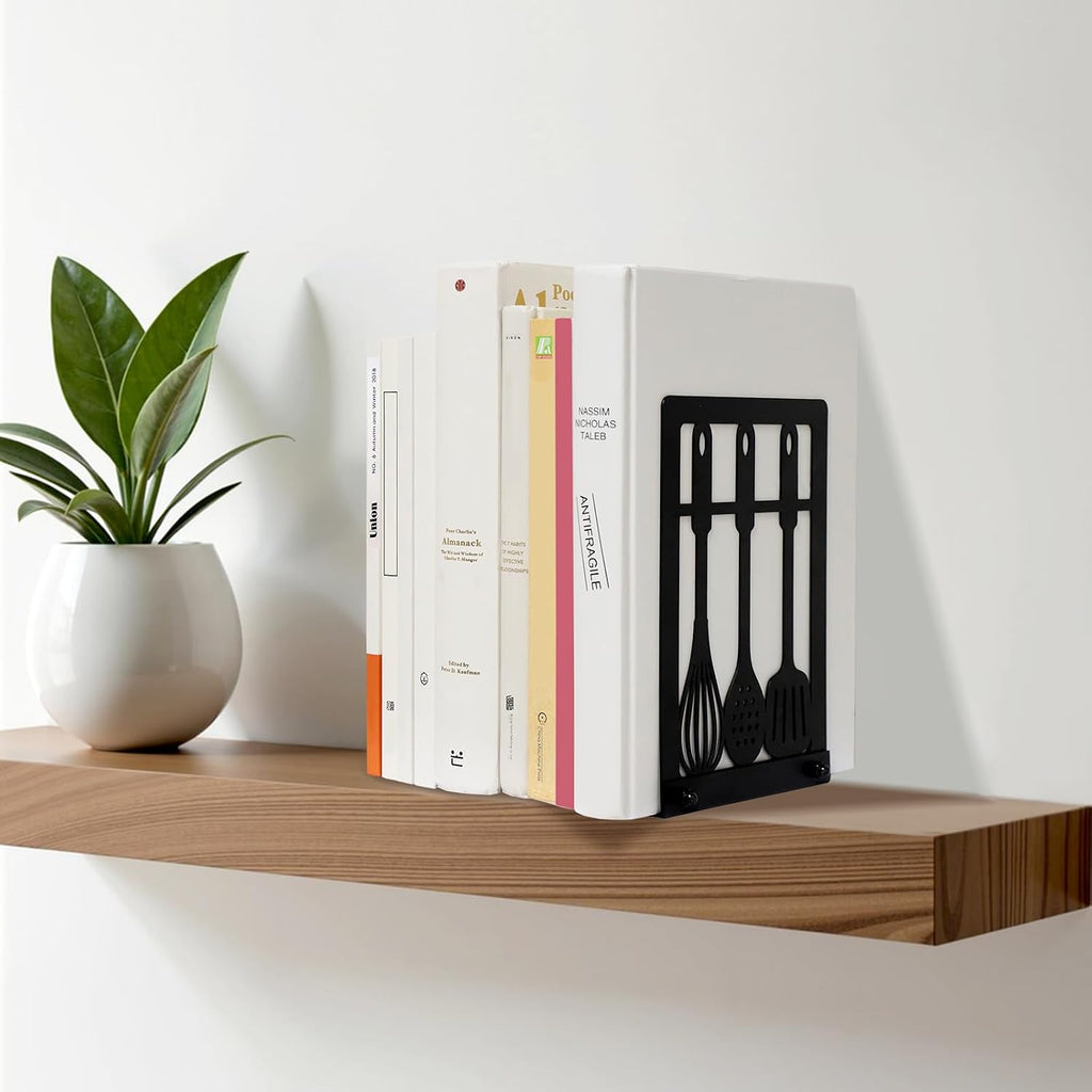 Bnesi Black Metal Bookends, Cookbook Organizer for Kitchen Shelves