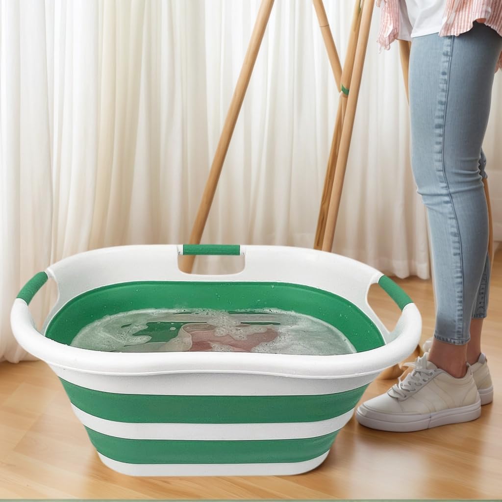 SAMMART 40L (10.5 gallon) Set of 2 Collapsible Plastic Laundry Hamper - Foldable Pop Up Storage Container/Organizer - Portable Washing Tub - Space Saving Basket (2, White/Winter Green)