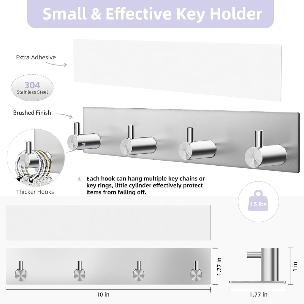 VIS'V Key Holder Wall Mount, Large Adhesive Key Hanger with 4 Hooks, Silver
