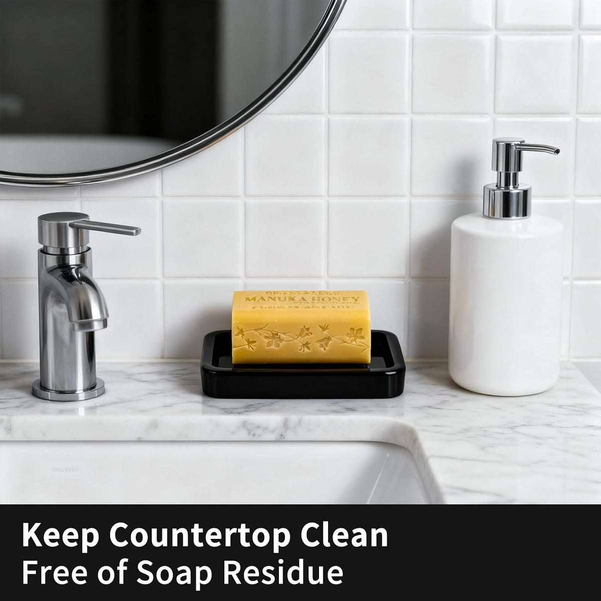 Shiny Ceramic Soap Dish with Raised Ridges, Rectangle Soap Tray, Decorative Soap Holder for Bathroom Counter, Shower and Kitchen Sink, Black