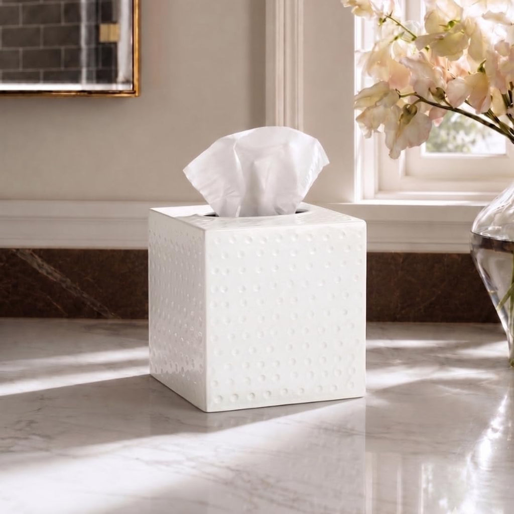 Monarch Abode Tissue Box Cover Square – Hand Hammered White Metal Tissue Holder Box for Bathroom Accessory, Aesthetic Decorative Facial Napkin Cube for Modern Home Decor
