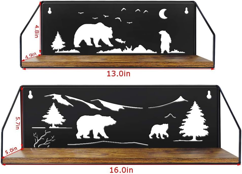 Giftgarden Floating Shelves for Wall with Unique Adorable Bears Cutouts, Rustic Wooden Iron Wall Shelf Bear Decor for Bathroom Cabin Lodge Bedroom Kitchen Living Room Nursery, Black, Set of 2