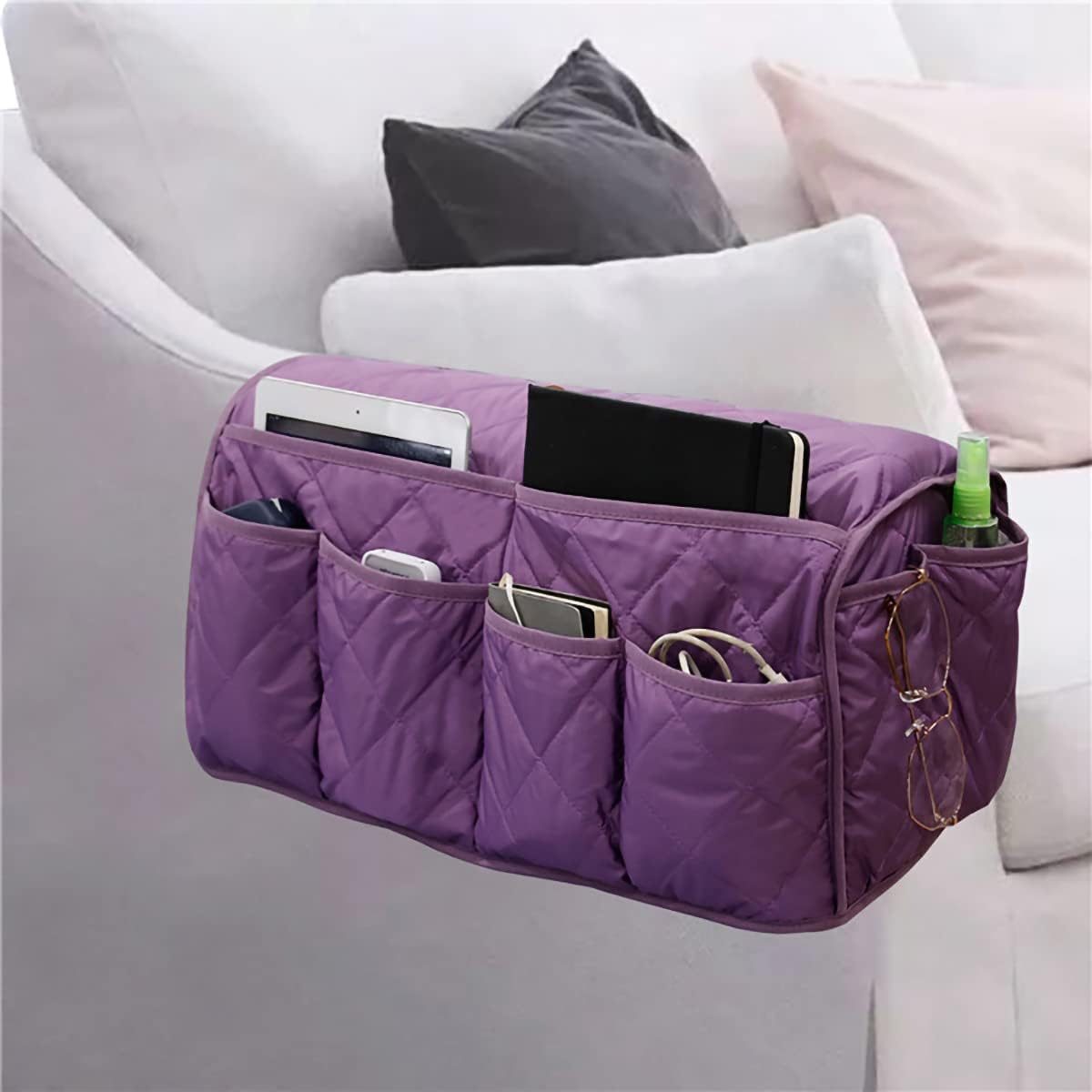 Armchair Caddy for Recliner Sofa Remote Control Holder Organizer for Recliners Purple Sofa Armrest Cover with 14 Pockets for Armchair Organizer
