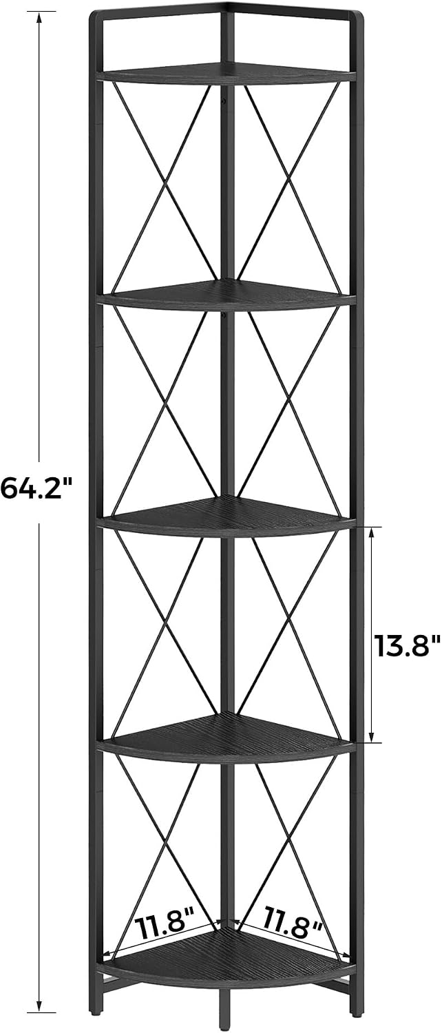5 Tier Corner Shelf Stand, 64" H Tall Corner Bookshelf, Black