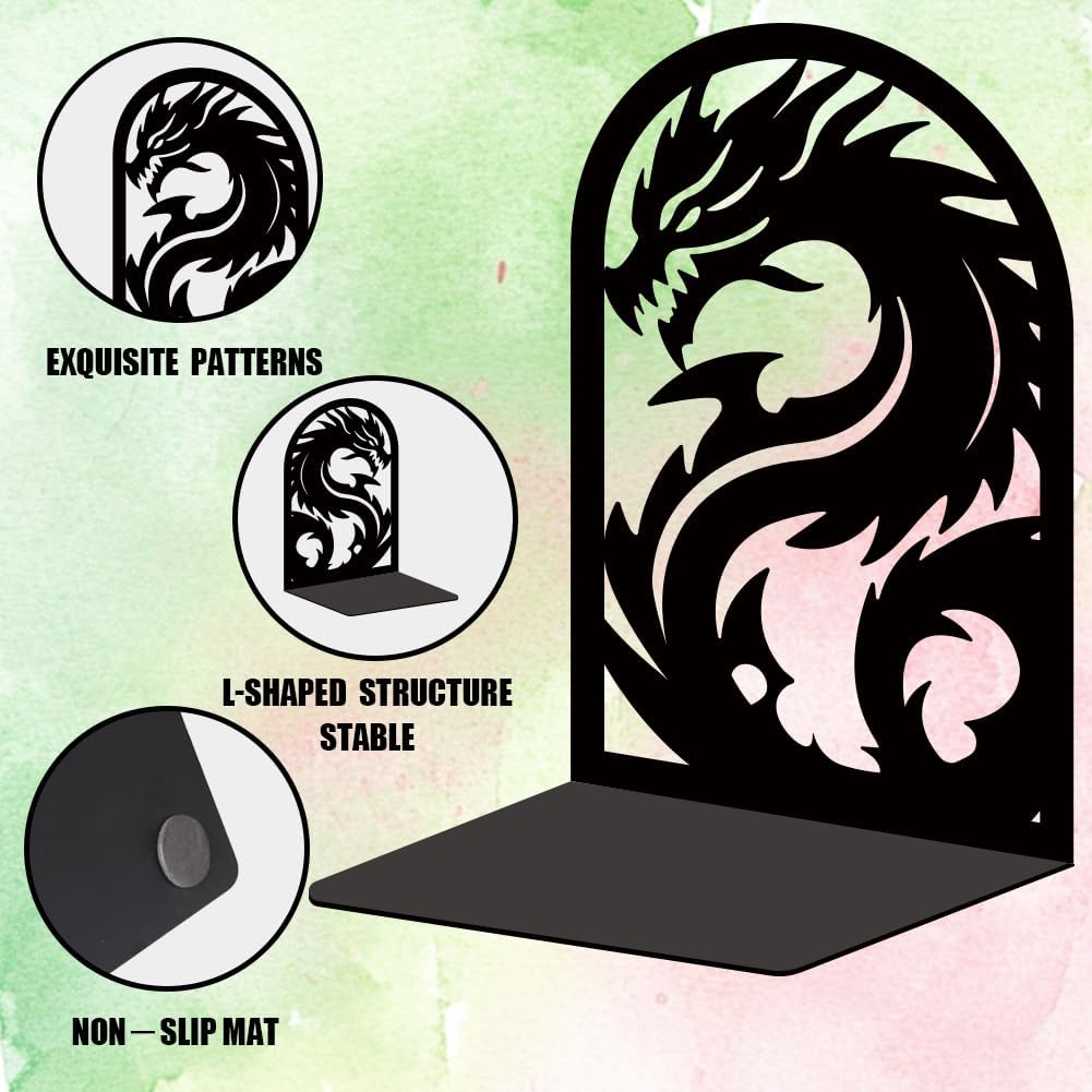 INFUNLY 1 Pair Dragon Book Ends for Shelves Loong Non-Skid Metal Bookshelf Holder Stand Black Book Stopper Support for Desktop 7.1x4.7x3.5 for Home Office Library School Kitchen Decor