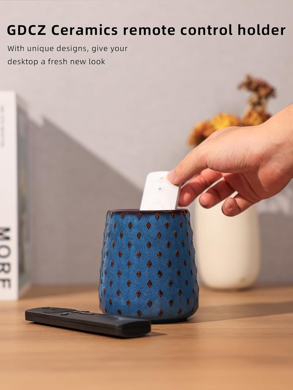 GDCZ Ceramic TV Remote Control Holder, Makeup Brush Pen Holder (Blue)
