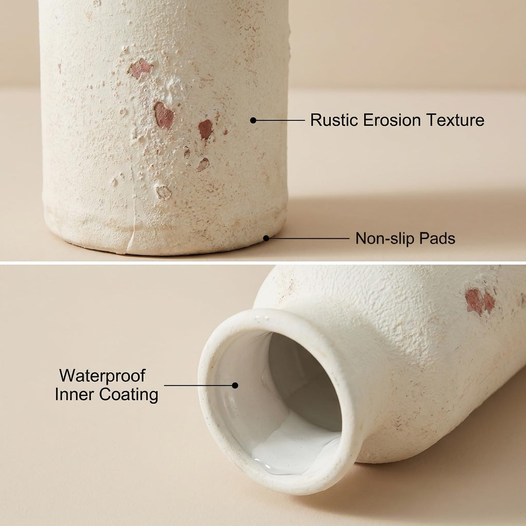 Vintage Ceramic Flower Vase Set of 3, Rustic Farmhouse Vase for Home Decor, Distressed Decorative Vase for Table Entryway Mantel Centerpiece Living Room Bathroom Bedroom (Weathered White)