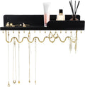 Hanging Jewelry Organizer with 29 Hooks and Cosmetics Shelf, Modern Wood Wall Mounted Jewelry Holder for Necklaces, Bracelets, Earrings and Rings, Black