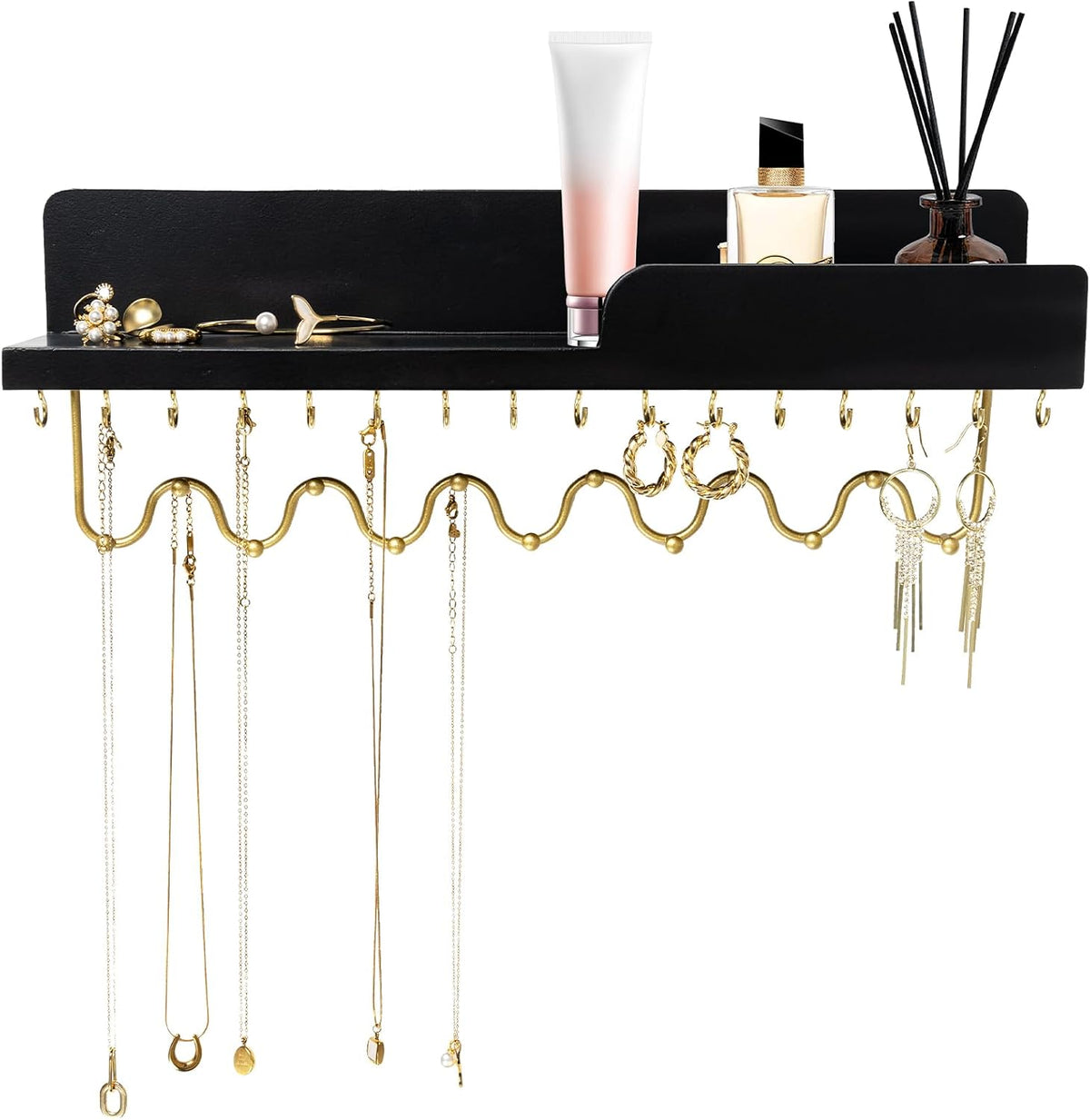 Hanging Jewelry Organizer with 29 Hooks and Cosmetics Shelf, Modern Wood Wall Mounted Jewelry Holder for Necklaces, Bracelets, Earrings and Rings, Black