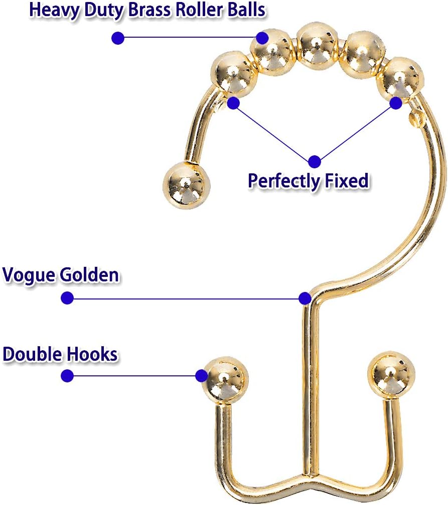 Shower Curtain Hooks Rings for Bathroom, 12PCS Stainless Steel Metal Rust Resistant Balance Sliding Double Curtain Hooks (Gold)