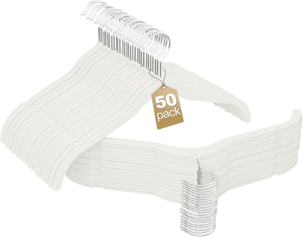 Velvet Shirt Hangers 50 Pack, No Shoulder Bumps for Clothes (White)