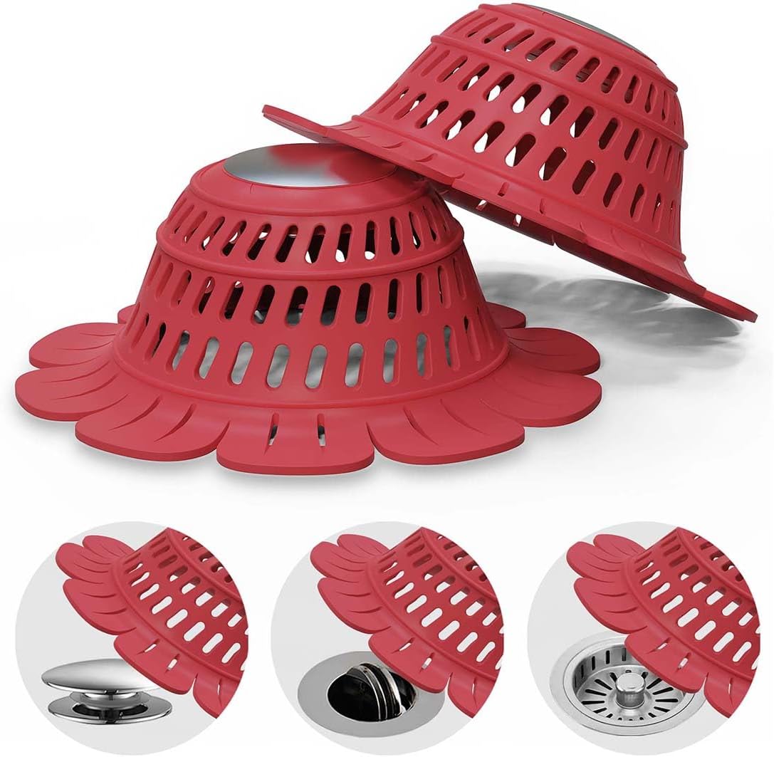 Universal Drain Hair Catcher, 2 Pack Heavy Duty Silicone Tub Hair Catcher Drain Protector for Round Pop-Up & Flat Drains of Bathtub Shower Sink, Cutout Flowers, Fast Draining, No Sliding