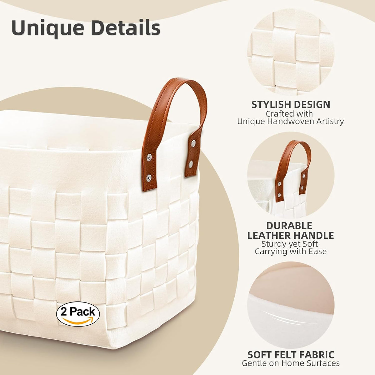 boldmonkey Blankets Basket 15 " x13 x11 2 Pack, Large Rectangular Laundry Hamper with Leather Handle, Soft Dog Toy Basket for Storage-Beige