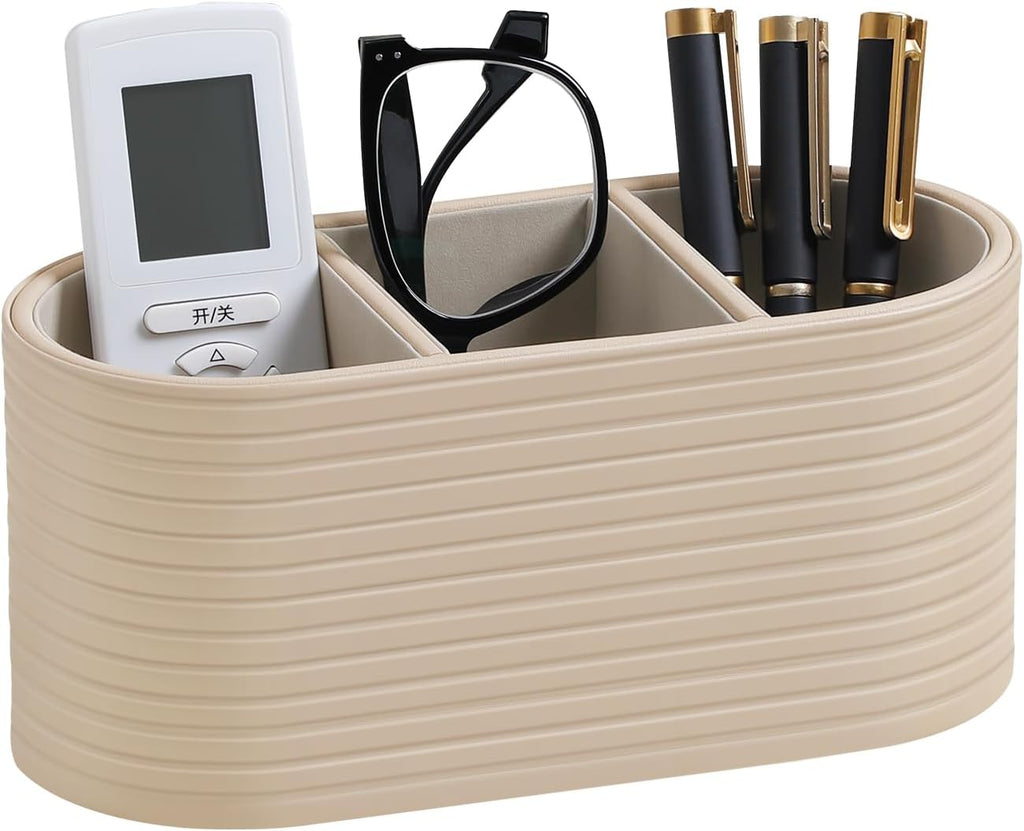 Oval Pen Holder for Desk, Remote Control Holder (Beige)