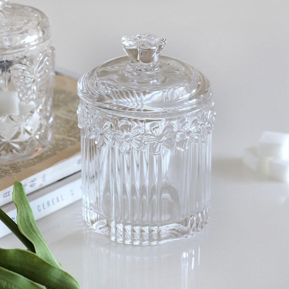 2 Pack Qtip Holder Thick Glass Apothecary Jars with Lid for Bathroom, Cotton Swab and Round Organizer, Vanity Storage Canisters for Makeup Pads, Floss (Transparent)