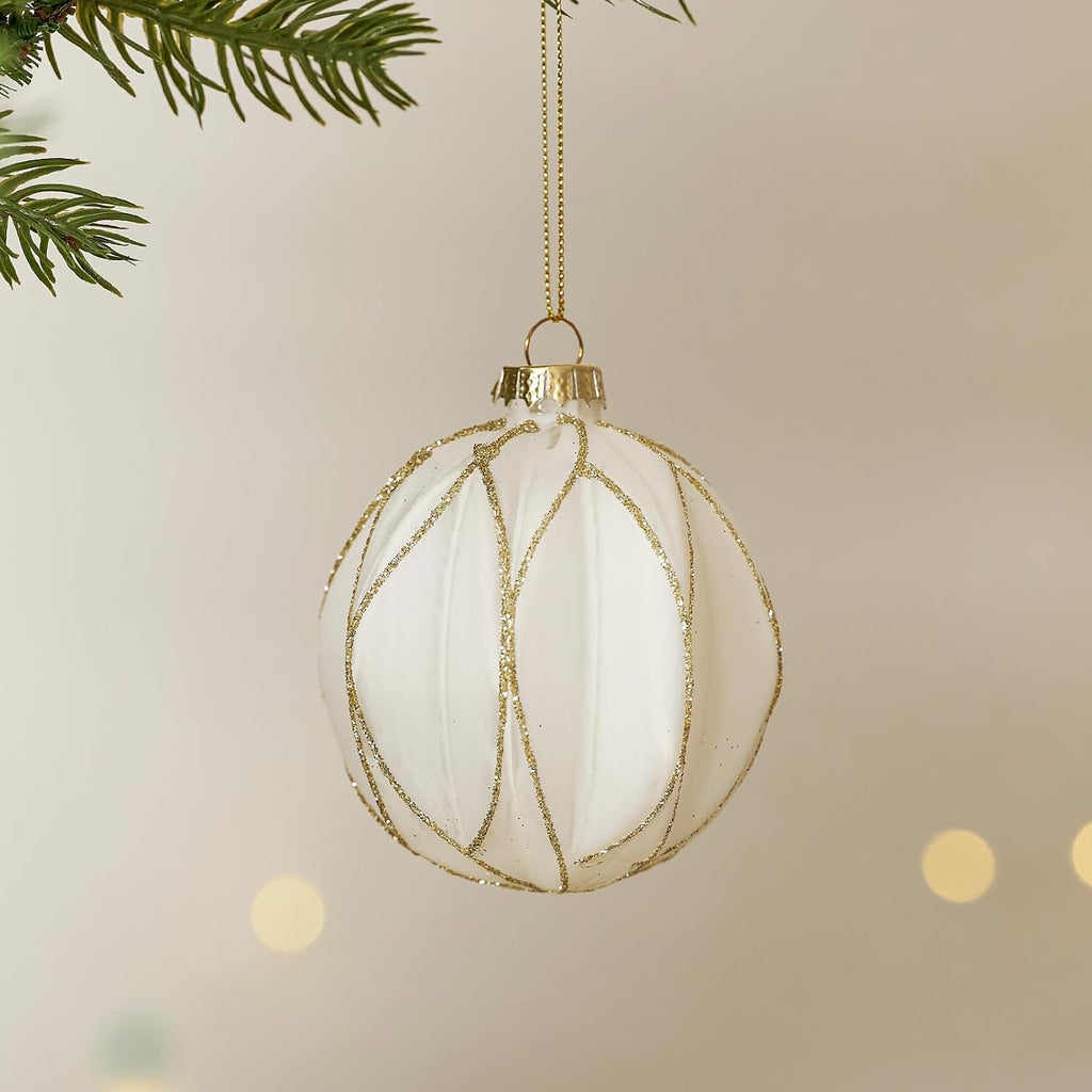 WDS WONDROUS Christmas Ornaments White and Gold Line, Glass Christmas Ball