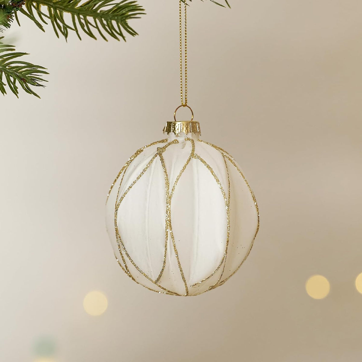 WDS WONDROUS Christmas Ornaments White and Gold Line, Glass Christmas Ball
