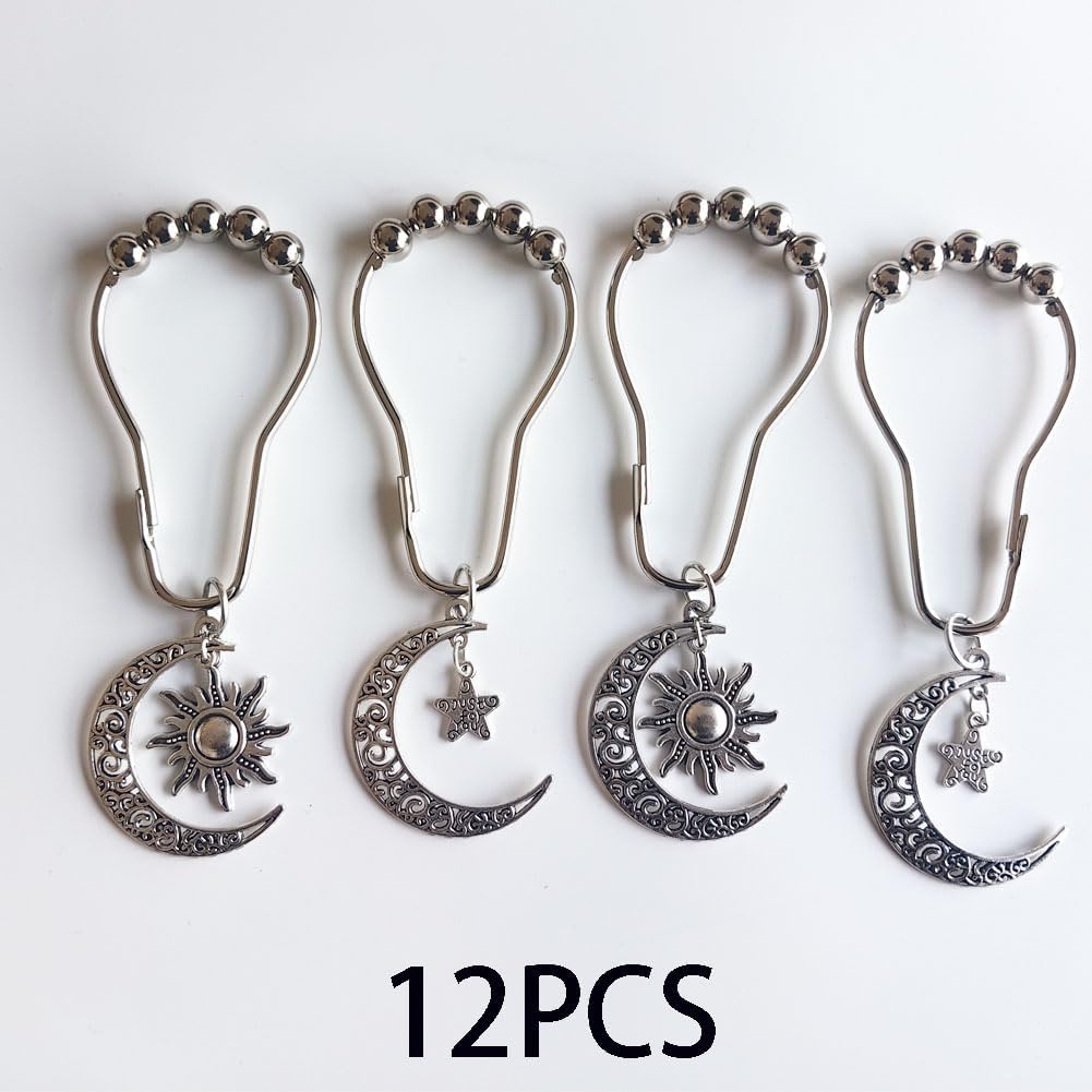 Decorative Sun Moon Celestial Shower Curtain Hooks Rings Set of 12, Silver