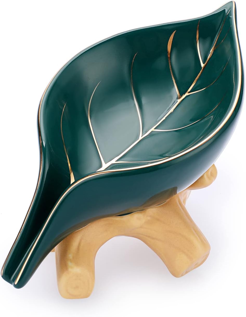 JUXYES Ceramic Leaf Shape Self Draining Waterfall Soap Dish Holder