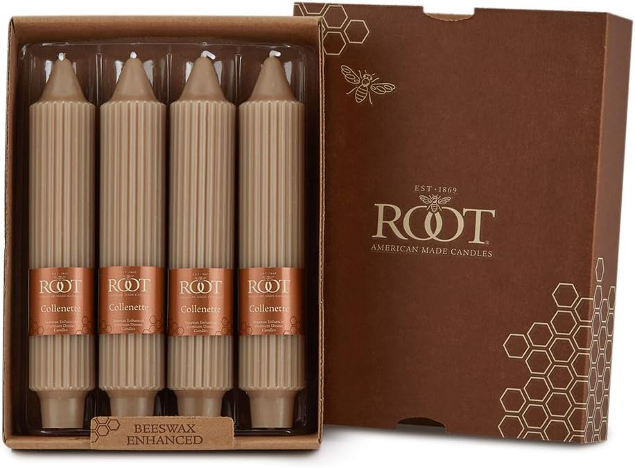 Root Candles 4-Count Unscented Dinner Candles Dripless Beeswax Enhanced Grecian Collenette Boxed Candle Set, 7-Inch, Taupe