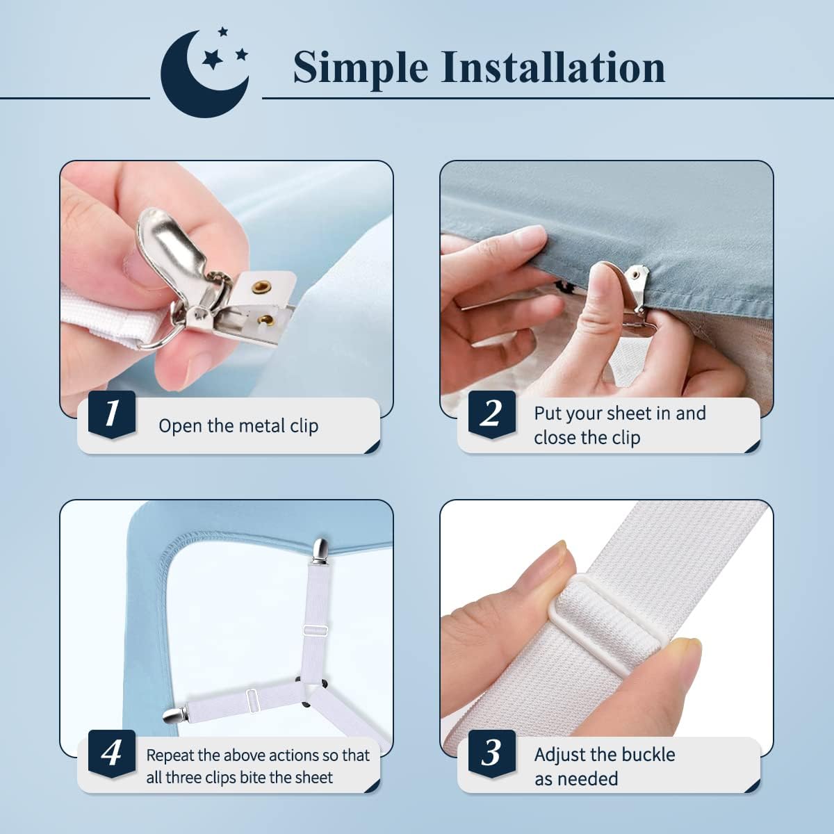 Sopito Sheet Straps, Adjustable Bed Sheet Suspenders Max Stretch from 29.5 in to 82.7 in Compatible for Crib to King Size Bed, Non Slip Holder Fasteners Clips, 2pcs/White
