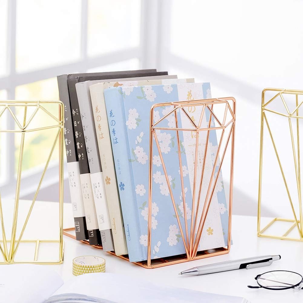Winterworm Metal Bookends Book Ends Heavy Duty Modern Decorative for Bedroom Library Office School Book Display Desktop Organizer Gift (Diamond Rose Gold)