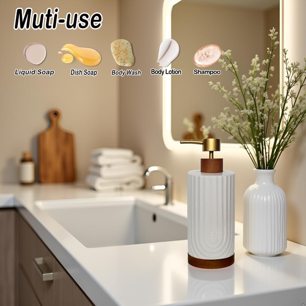 White Soap Dispenser,Ceramic with Wood Hand Soap Dispenser, 16oz Refillable Liquid Bottle, for Modern Home Decor, Bathroom, Kitchen Countertop, Hotel (White)
