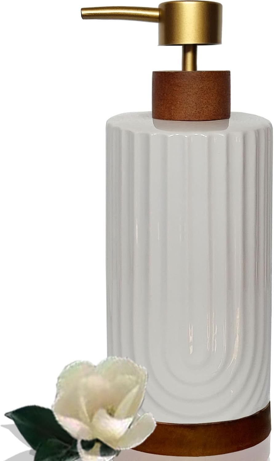 White Soap Dispenser,Ceramic with Wood Hand Soap Dispenser, 16oz Refillable Liquid Bottle, for Modern Home Decor, Bathroom, Kitchen Countertop, Hotel (White)