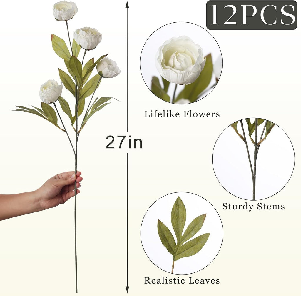 12 Pcs 27" Faux Silk Peony Artificial Flowers Stems for Vase (Cream)