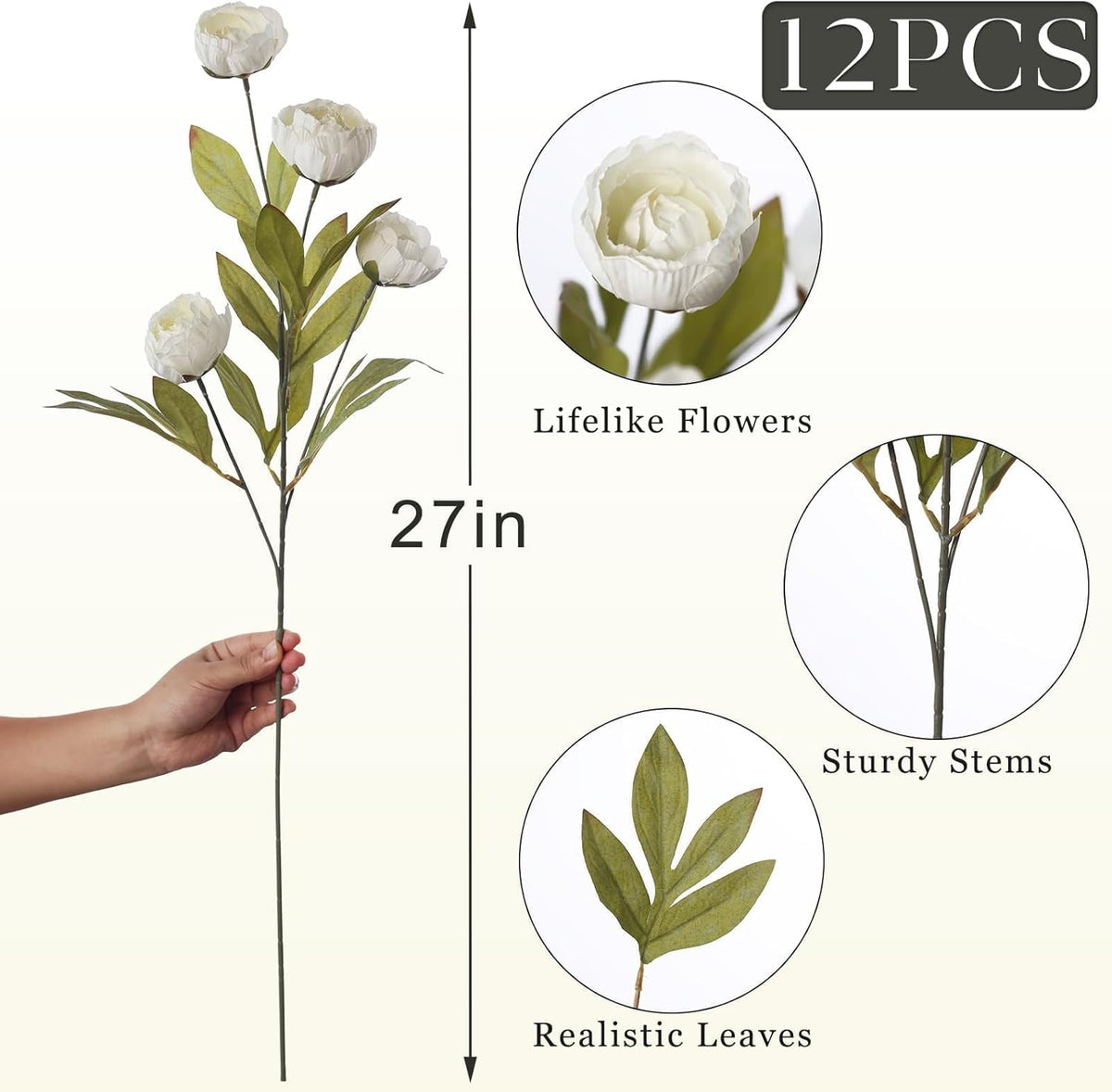 12 Pcs 27" Faux Silk Peony Artificial Flowers Stems for Vase (Cream)