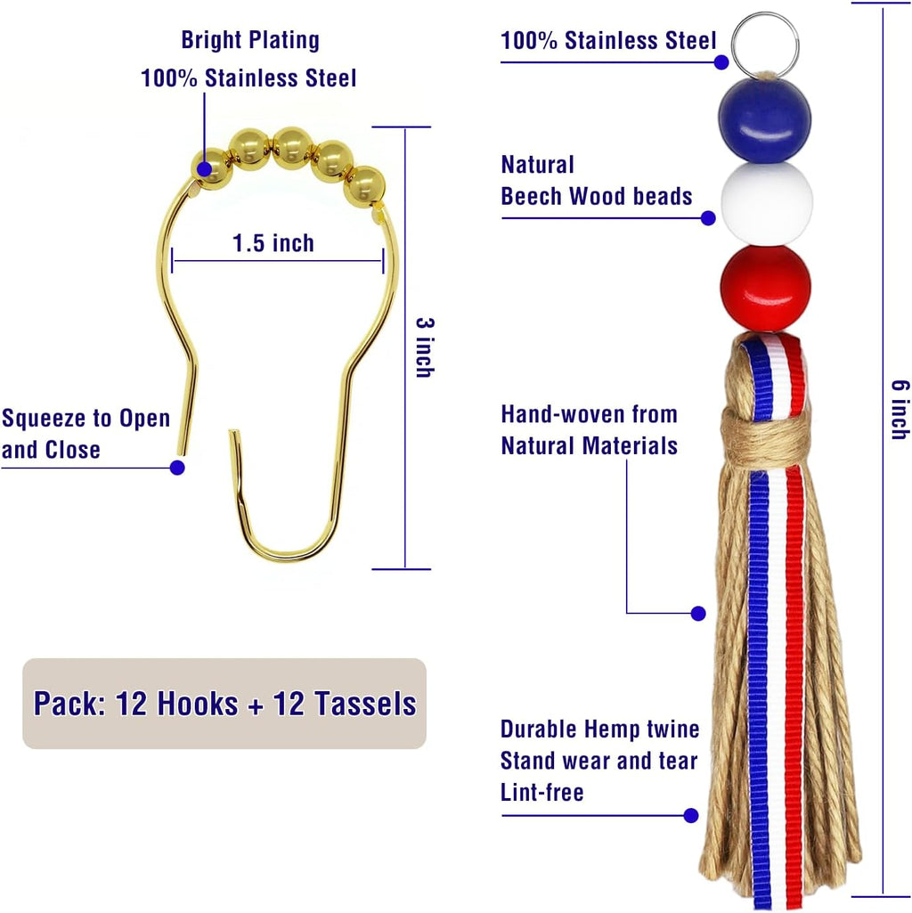 Gold Shower Curtain Hooks Rings, Rust Proof Patriotic Tassels, 12 Pack