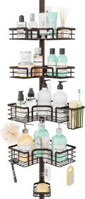 SWTYMIKI Shower Caddy Tension Pole - 4-Tier Corner Shower Organizer Tension Rod with Soap Holder, Toothbrush Holder & 4 Hooks, Adjustable Stainless Steel Bathroom Organizer 27.6 to 108.3 inch, Bronze
