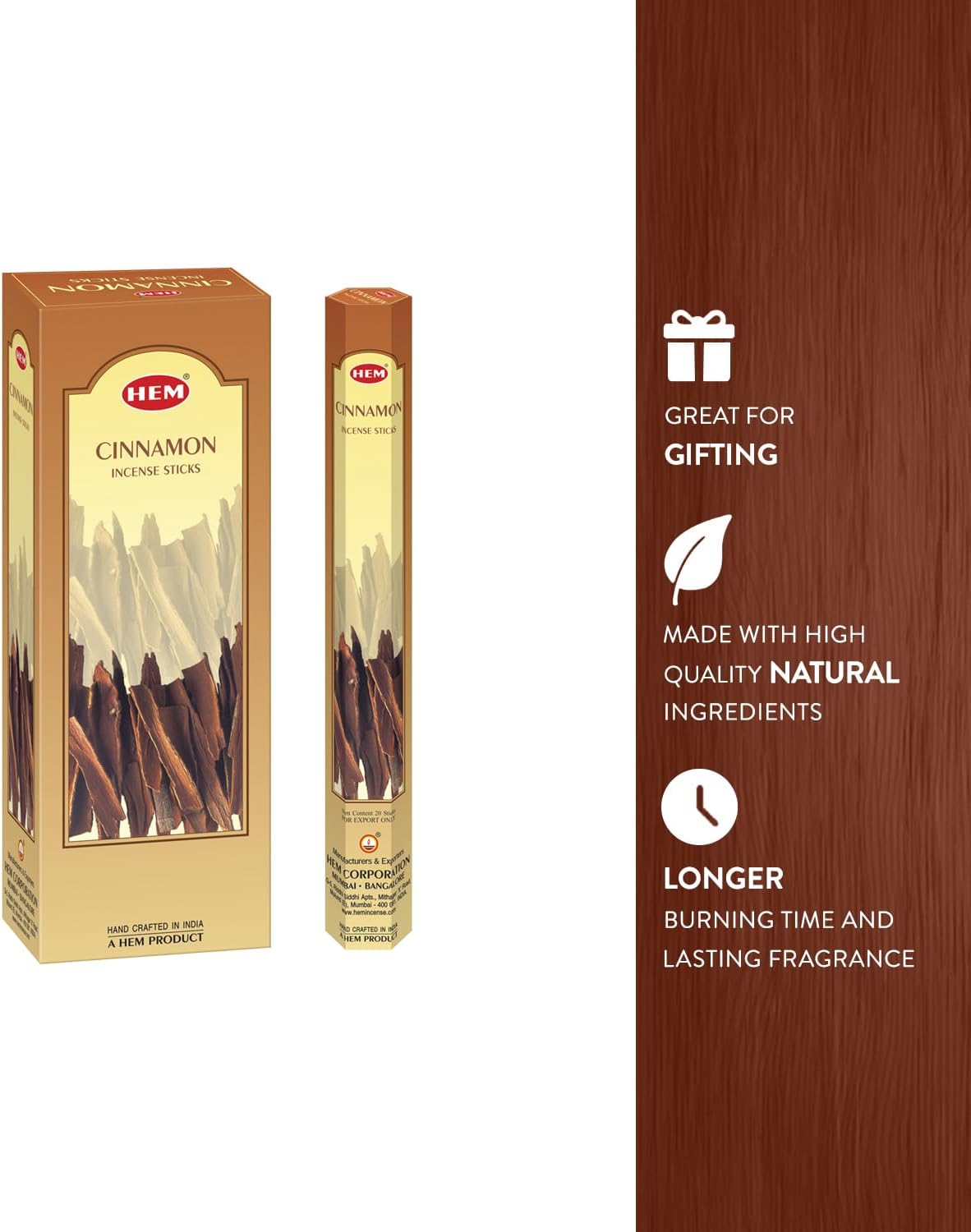 Hem Cinnamon Incense Sticks – Pack of 6 Hexa Boxes (120 Sticks Total) – Warm & Spicy Long-Lasting Aroma for Meditation, Relaxation & Home Fragrance