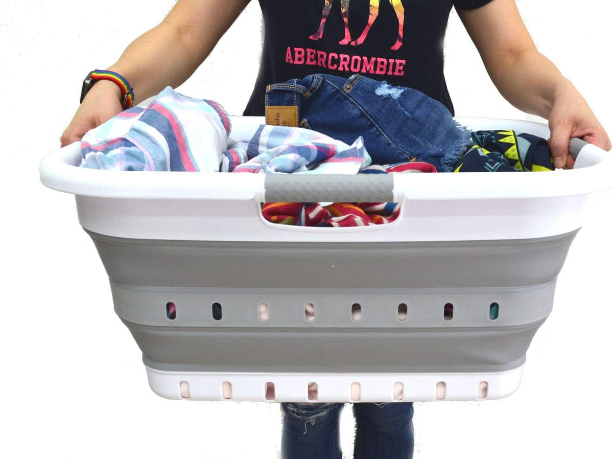 SAMMART 41L (10.8 gallon) Collapsible 3 Handled Plastic Laundry Basket - Foldable Pop Up Storage Container/Organizer - Portable Washing Tub - Space Saving (3 handled rectangular, White/Grey)