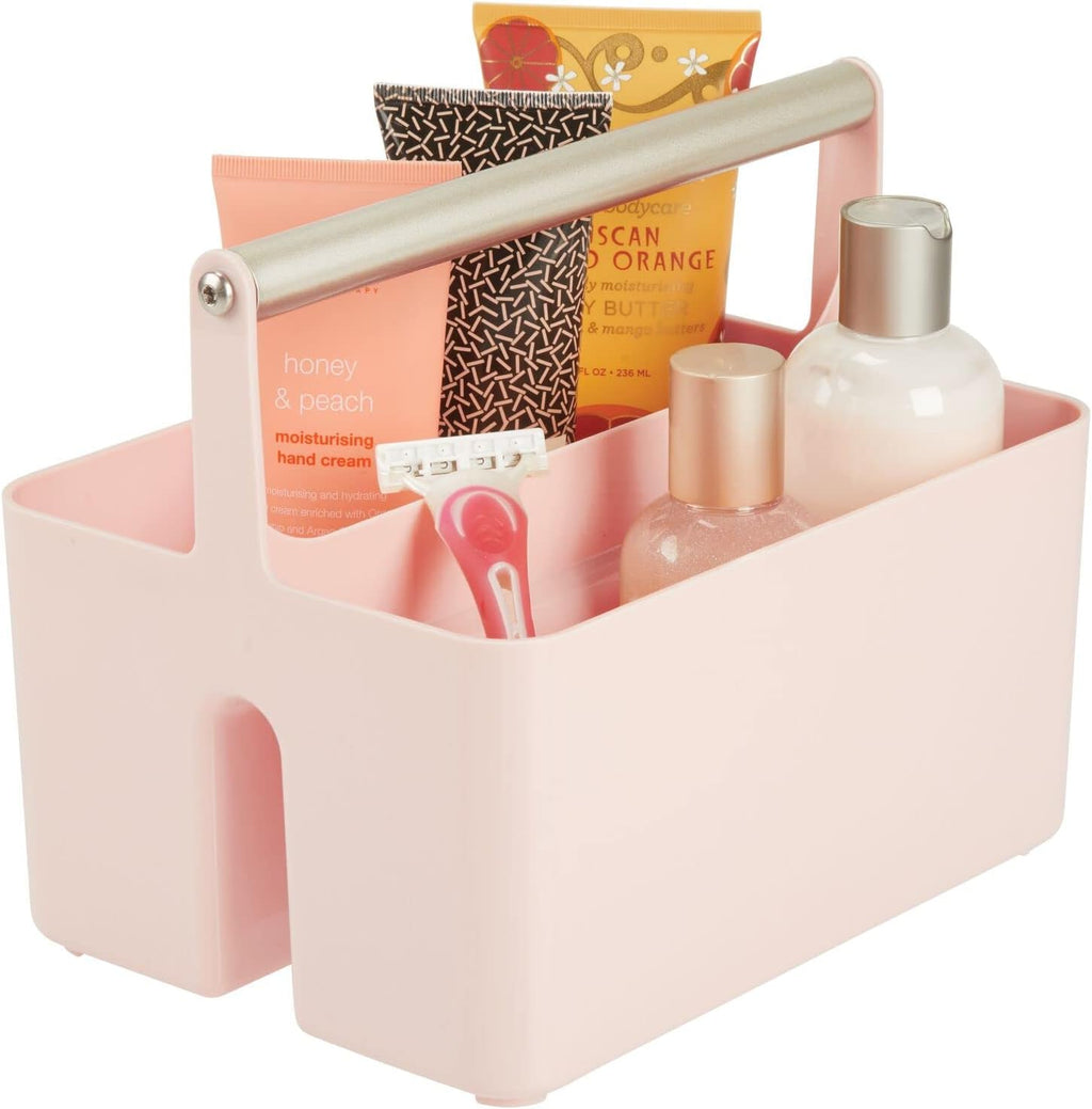 mDesign Under Sink Storage – Plastic and Metal Bathroom Caddy for Shampoo and Soaps – Portable Cosmetics Storage Organiser – Blush/Satin
