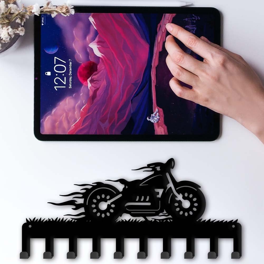SUPERDANT Motorcycle Metal Key Holder Metal Hook Rack Motorcycle Flame Wall Mounted Key Organizer Decorative Home Storage Hat Cloth Living Boy Room Door Home Wall Decoration 33×15cm