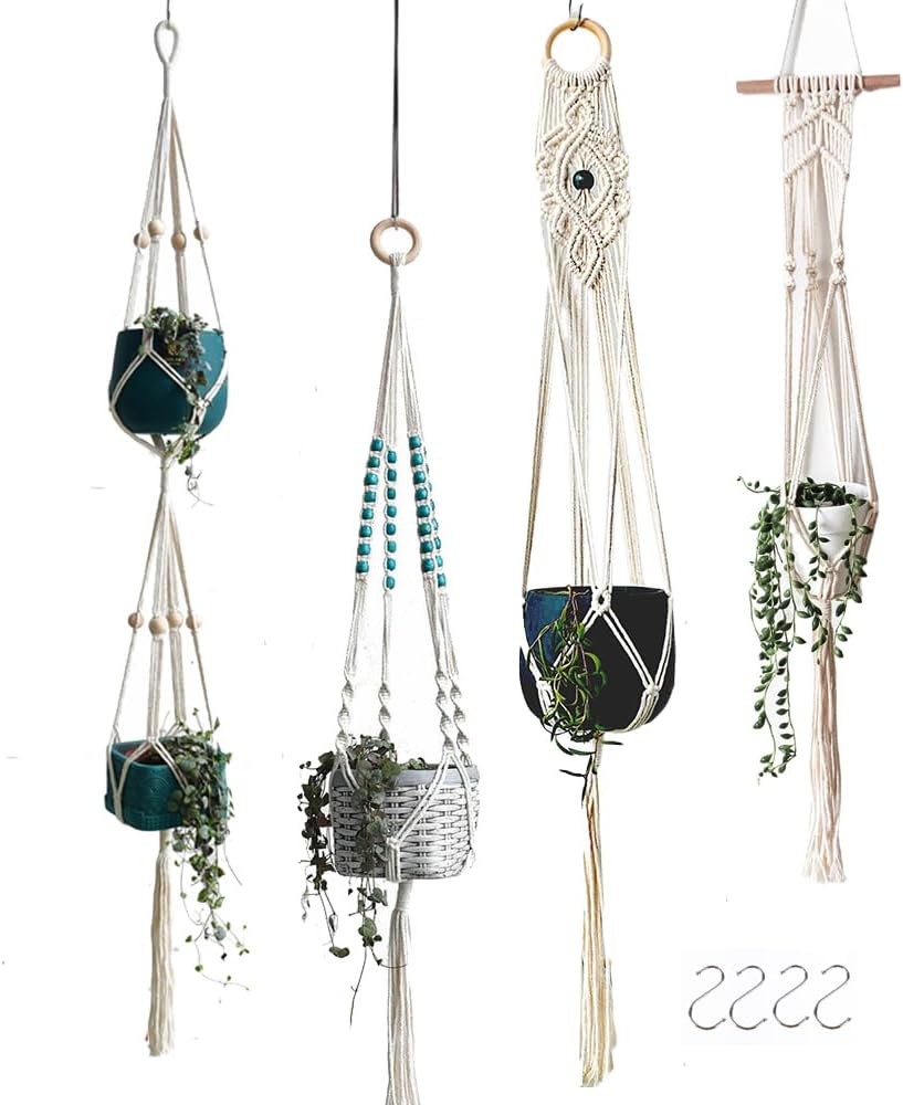 4-Pack Indoor Pot Hanger, Macrame Hanging Planters, Boho Decor for Room/Ceiling/Garden/Balcony (No Pot and Plant Included)