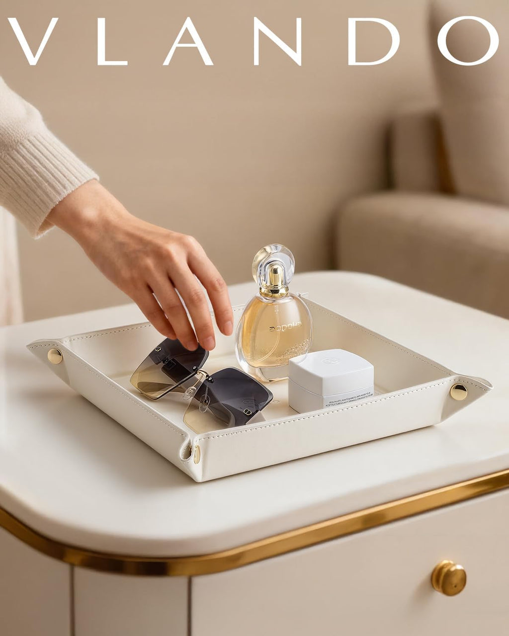 VLANDO Valet Tray Organizer, PU Leather Catchall Tray for Vanity, Beige
