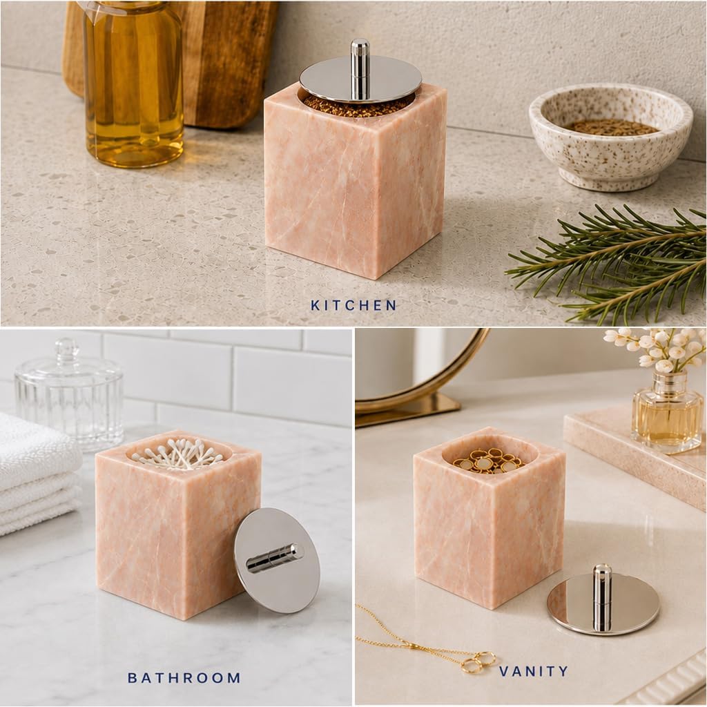 Marble Canisters QTip & Pink Marble Cotton Swab Holder with Lid
