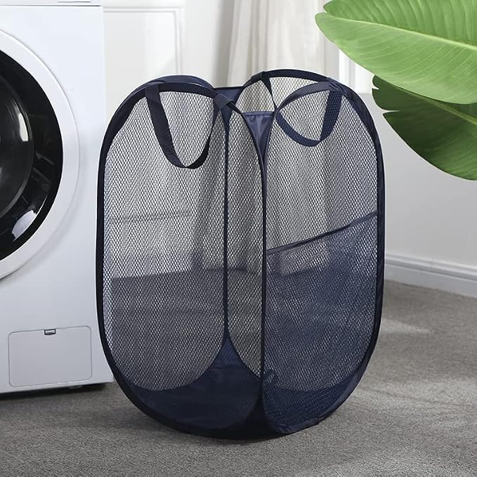2 Pack Laundry Basket,Foldable Mesh Pop-up Laundry Hamper with Durable Handle,Easy to Open and Fold for Dorm, Laundry Room, Bedroom, RV (Black and blue)