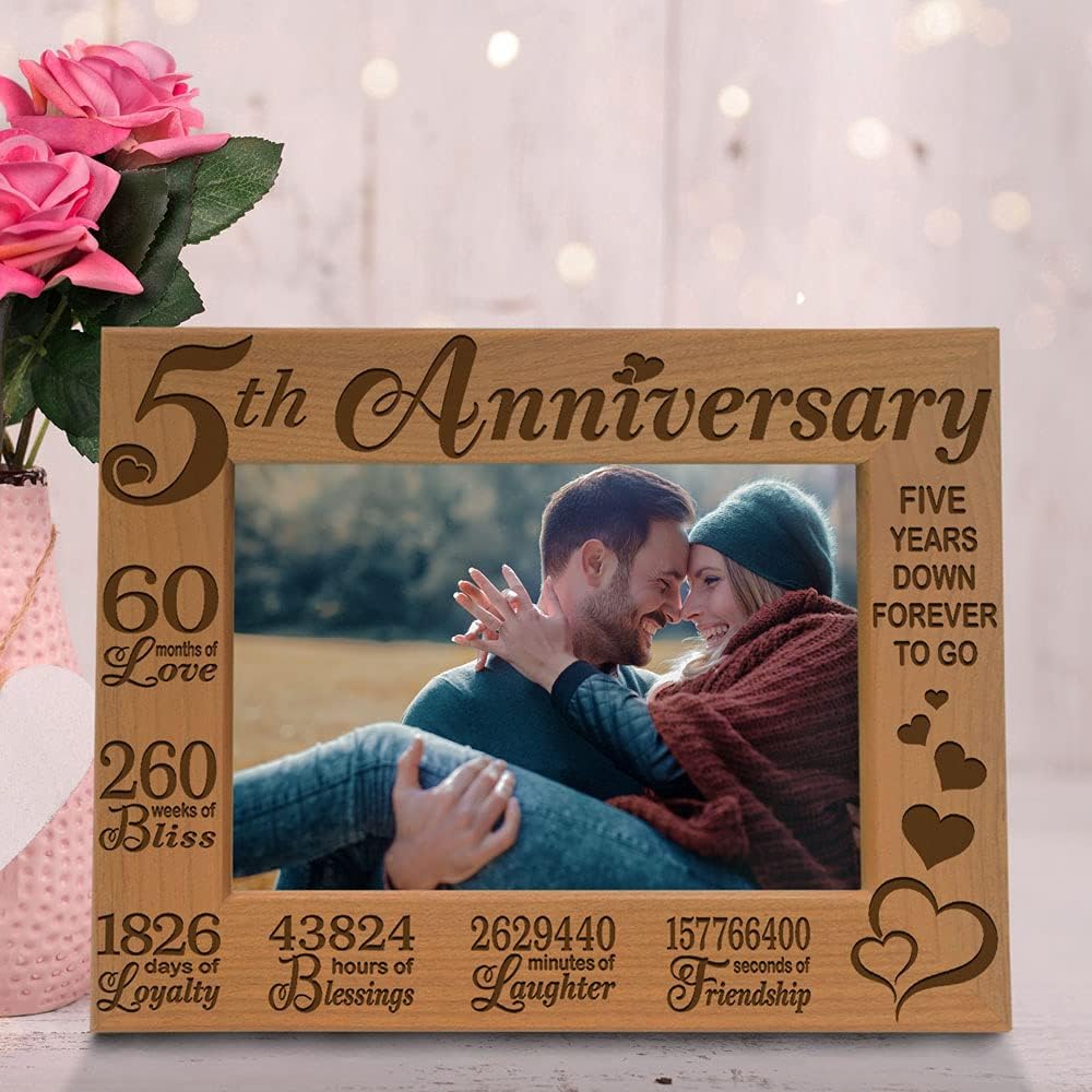 KATE POSH 5th Anniversary Engraved Natural Wood Picture Frame and Gifts, 5th Wood Wedding Anniversary (5x7-Horizontal)