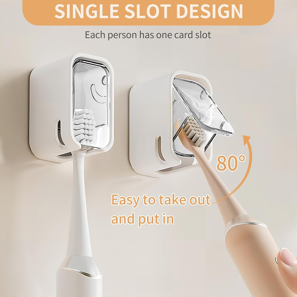 Wall Mounted Toothbrush Holders for Bathroom,Strong Self Adhesive Tooth Brush Holder with Cover, Toothbrush Heads Organizer for Family, Clear White - 2 Pcs