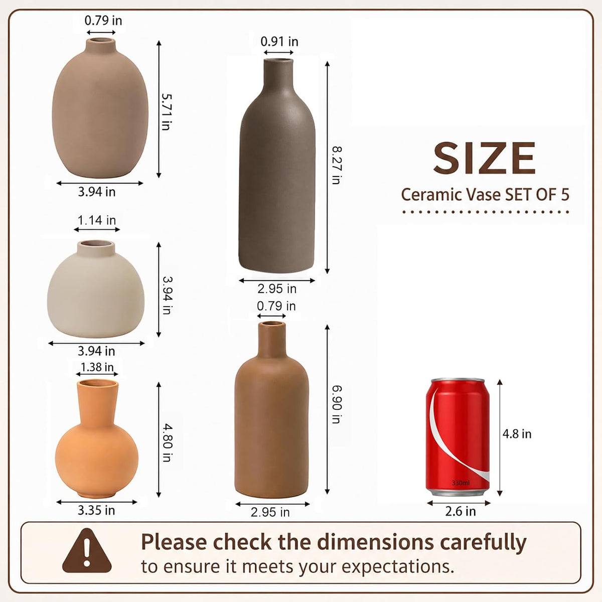 Small Neutral Ceramic Vase Set – Cute 5 Matte Earth-Tone Vases for Japandi, Scandinavian, or Minimalist Home Decor, Table, Entryway, Shelf & Mantel Styling