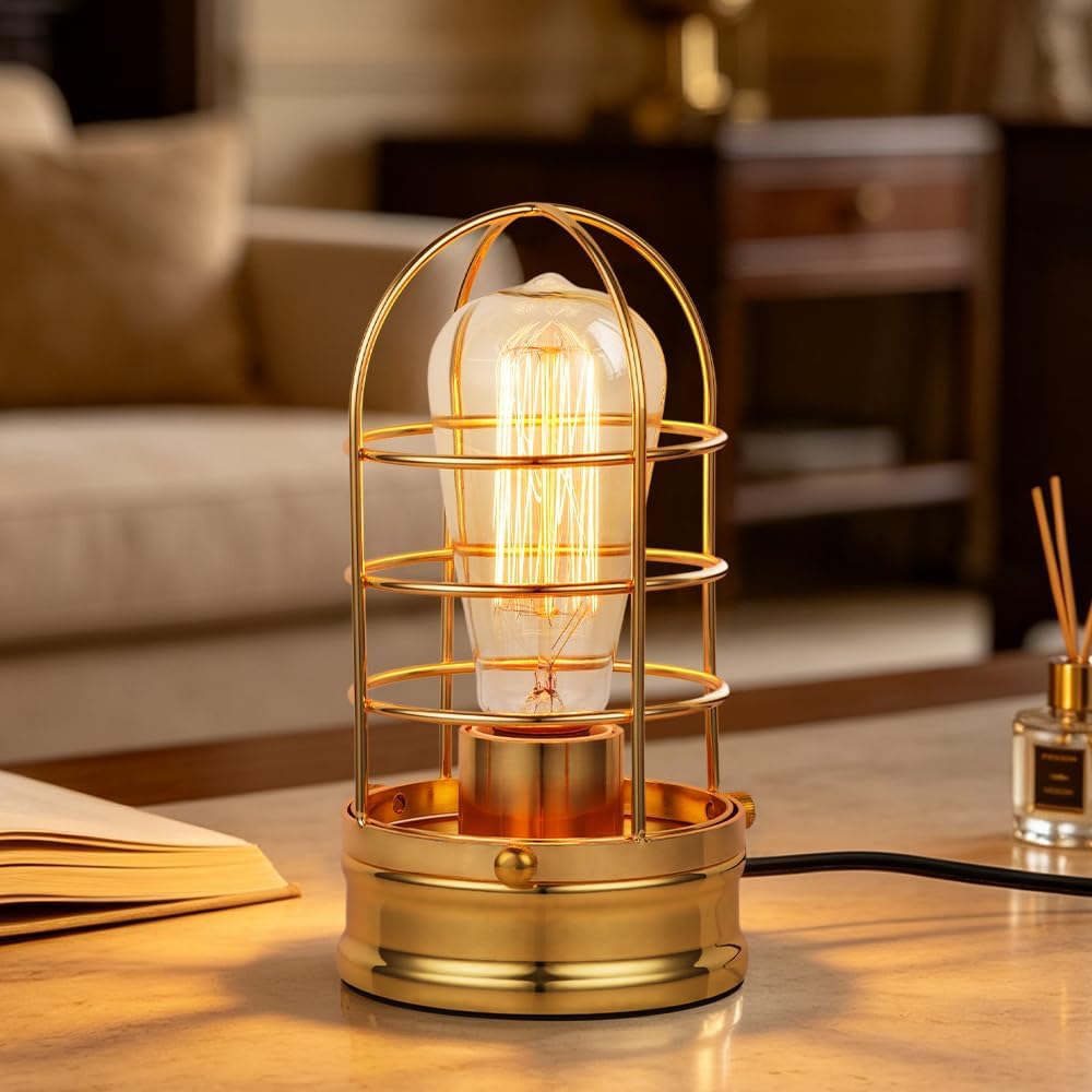Small Industrial Table Lamp,Gold Plate Vintage Desk Light for Bedside