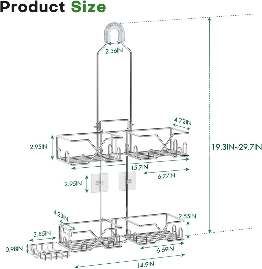 Sewulidon Stainless Steel Shower Caddy Hanging for Handheld Shower Heads,Rustproof Hose Shower Organizer Adjustable Length Shower Rack with 24 Hooks,Razor Holder,Soap Holder