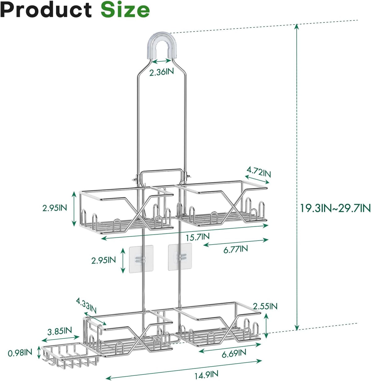 Sewulidon Stainless Steel Shower Caddy Hanging for Handheld Shower Heads,Rustproof Hose Shower Organizer Adjustable Length Shower Rack with 24 Hooks,Razor Holder,Soap Holder