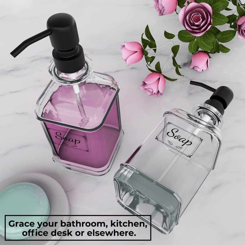 GLADPURE 2 Pack Soap Dispenser, 18 Oz Antique Design Thick Glass Hand Dispensers; with 304 Rust Proof Stainless Steel Pump, 6Pcs Clear Stickers, for Kitchen, Bathroom- Black
