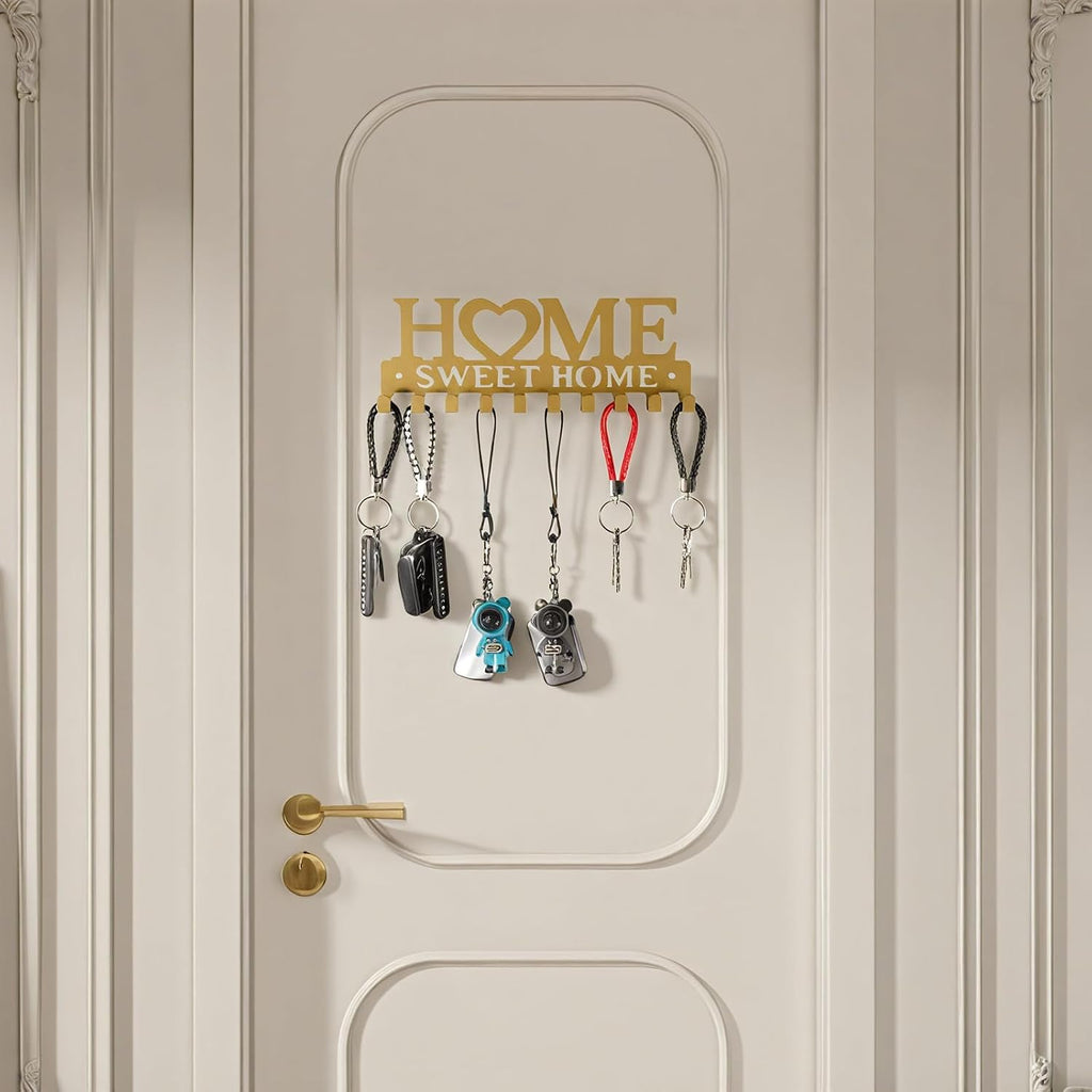 Key Holder Wall Mounted with Screws and Anchors, Gold Multifunctional Key Hanger with 10 Hooks, Entryway Front Door Kitchen Hallway Garage Office