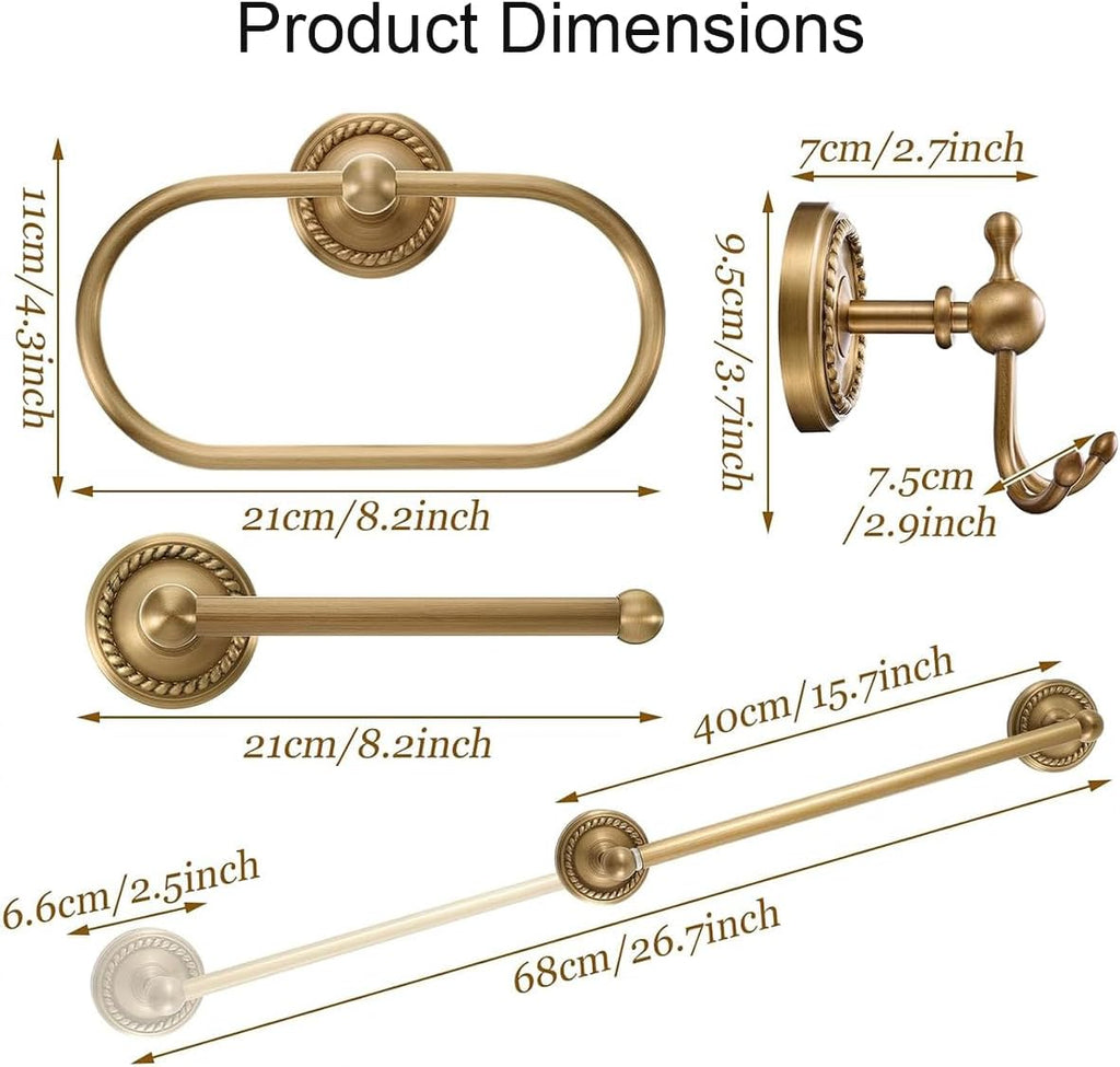 Wall Mounted 4 Pcs Antique Brass Bathroom Hardware Set Gold Bathroom Accessories, Vintage Bath Towel Bar Toilet Paper Holder Towel Ring & Double Robe Hook Kit for Shower Room